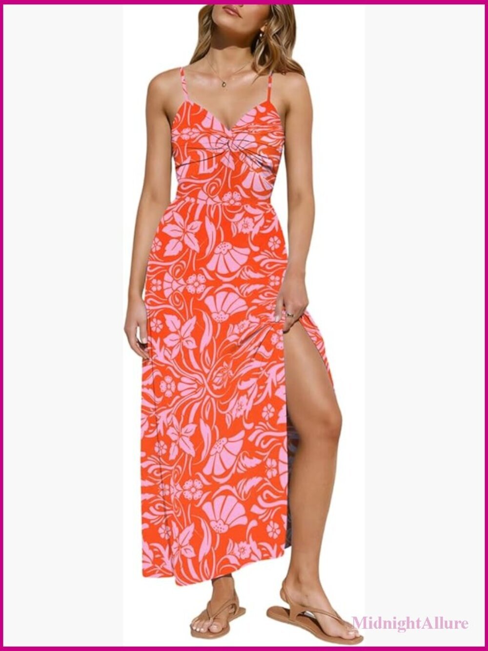 Floral Maxi Dress Spaghetti Strap V Neck Twist Front Slit A-Line Beach Vacation